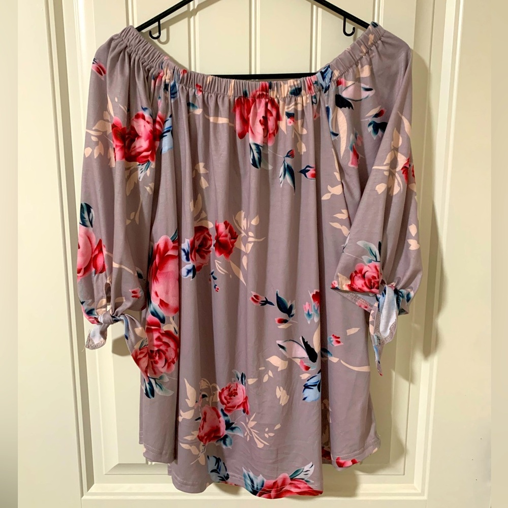 Amazon Brand Floral Gray Cold Shoulder 3/4 Tie Sleeve Blouse Women’s Size Small